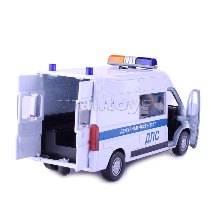 Машина металл Citroen Jumper Полиция 14 см, (свет-звук,двер, белый) инер, в коробке