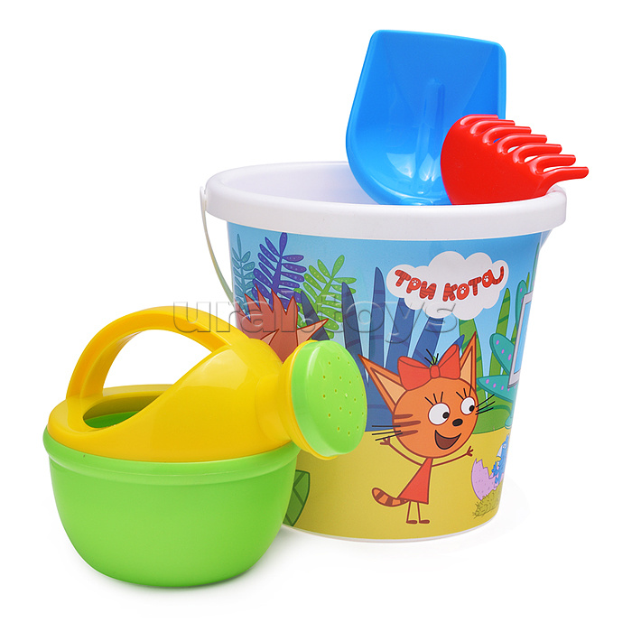 Песочный набор "Три кота" №14: Ведро с наклейкой, лопатка №5, грабельки №5, лейка малая №4