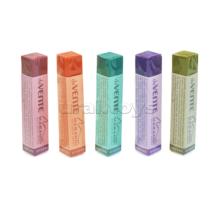 Ластик "Marandi" синтетический (ECO-PVC), прямоугольный цветной, 65x12x12 мм, ассорти 5 цветов, dust-free, в индивидуальной упаковке со штрих кодом, в картонном дисплее