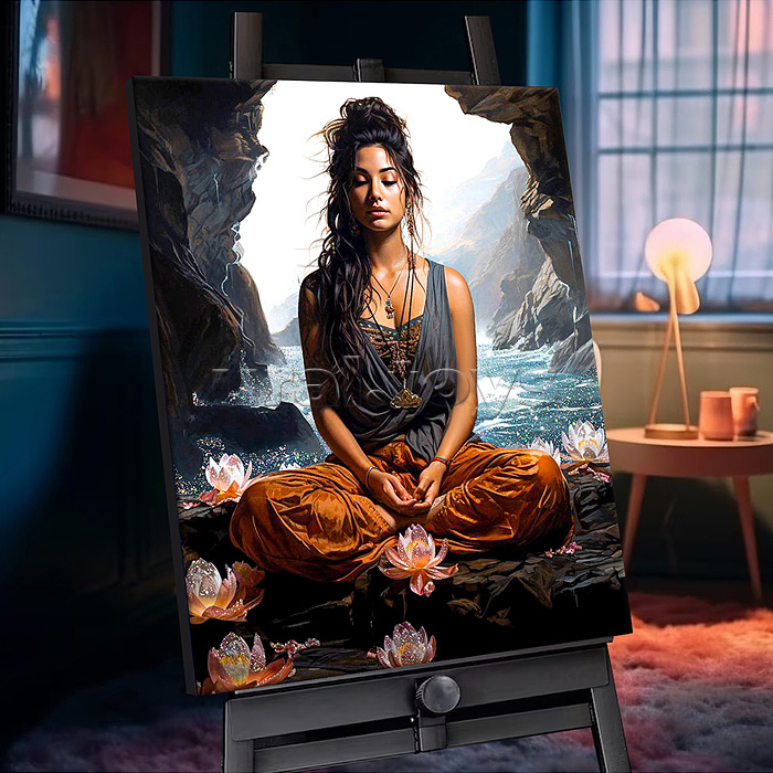 Картина по номерам 40х50 "Медитация на берегу океана" с кристаллами из хрусталя черный холст (28 цветов)