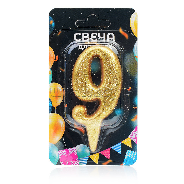 Свеча Цифра, 9 Овал, Золото, с блестками, 7 см, 1 шт.