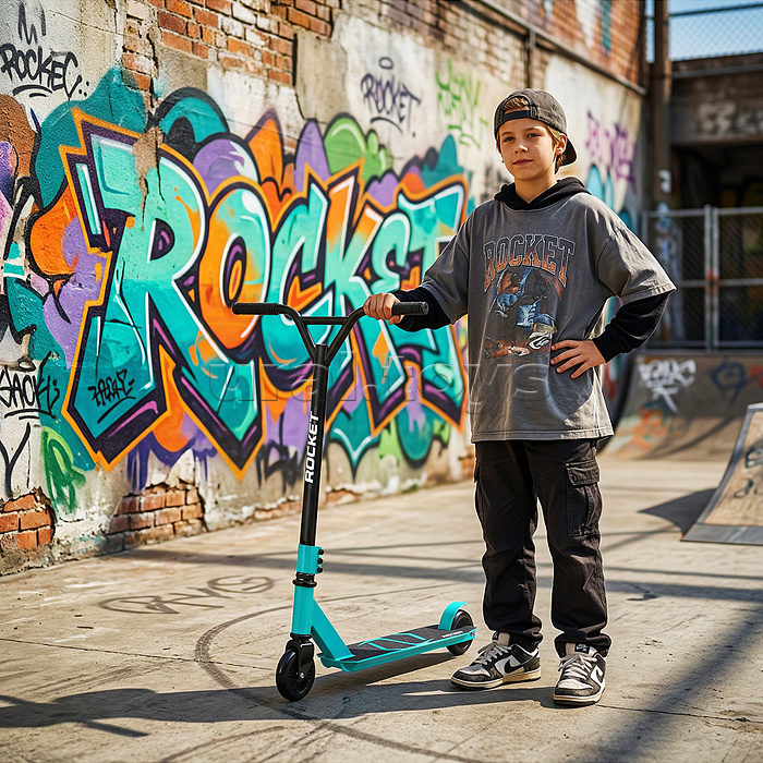 Самокат трюковый ROCKET,колеса PU/пластик 100 мм,ABEC 7, бирюзовый (в пакете)