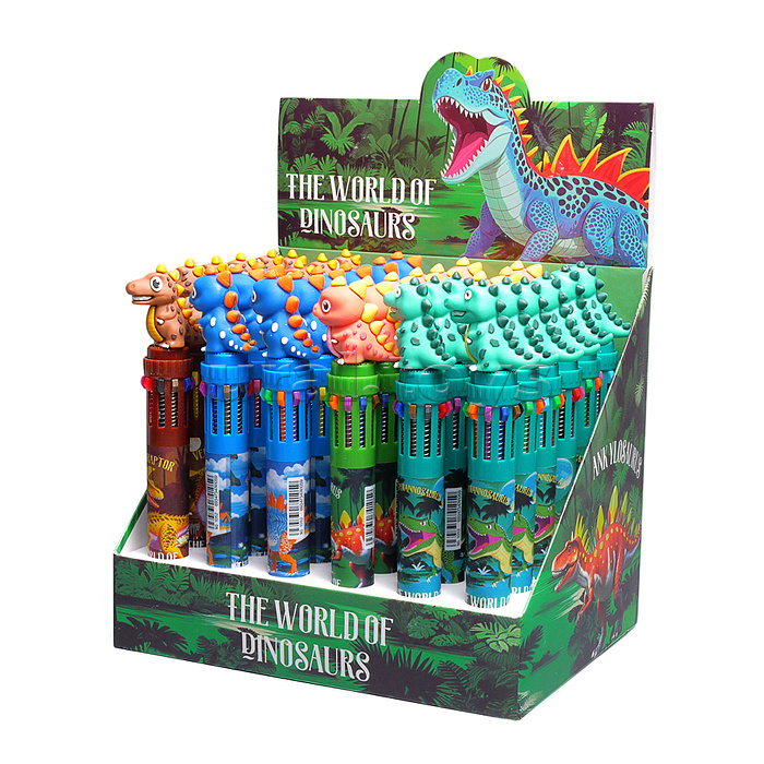 Ручка шариковая автоматическая "Динозавр" 10-ти цветная, пулевидный пиш.узел 0.7мм, корпус пластиковый цветной, 6 дизайнов, картонный дисплей