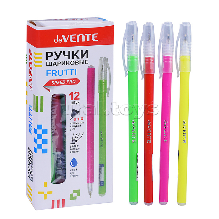 Ручка шариковая "Frutty" серия Speed Pro, d=1 мм, ультра гладкое письмо, чернила на масляной основе, игольчатый пишущий узел, цвета корпуса ассорти, сменный стержень, индивидуальная маркировка, синяя, в картонной коробке