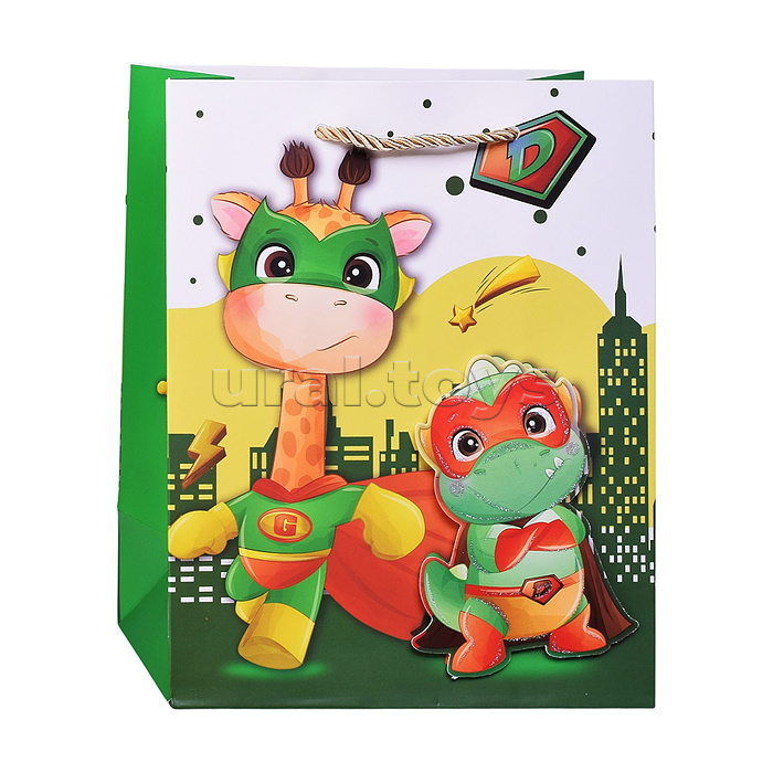 Пакет подарочный с маточной ламинацией и глиттером 3Dэл. 18х23х10 см (М) Супер друзья, 210 г