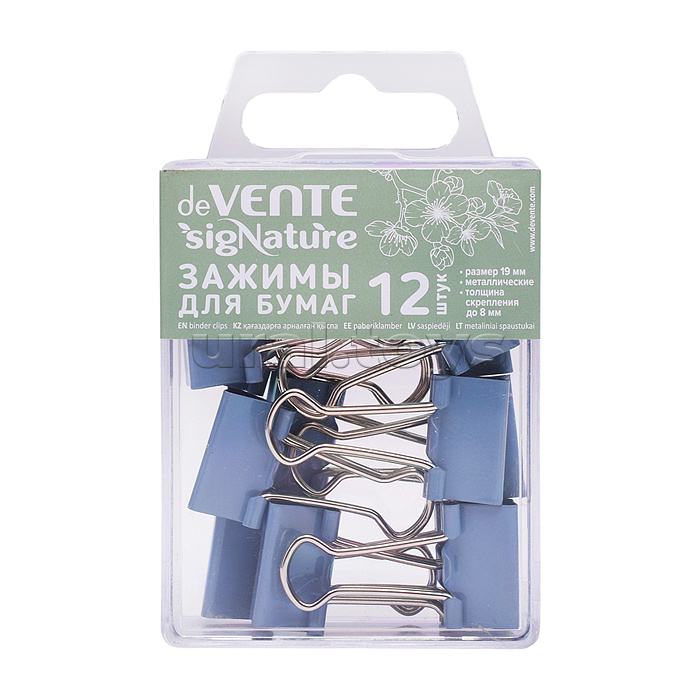 Зажим для бумаг "SigNature" металлический (19 мм) толщина скрепления до 8 мм, 12 шт в пластиковой коробке, цвет сумеречный синий