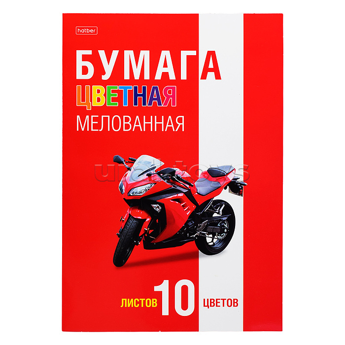 Бумага цветная 10л. 10 цв. мелованная А4ф 194х280мм обл. мел.картон в папке "Мотобайк"