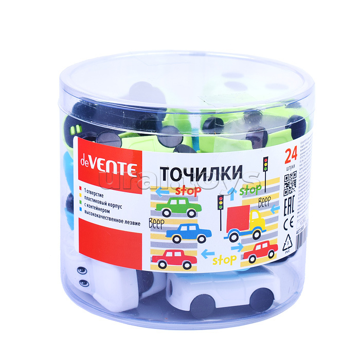 Точилка для карандашей "Машинка" 1 отверстие, с контейнером, пластмассовая в форме машинки, в пластиковой тубе, ассорти