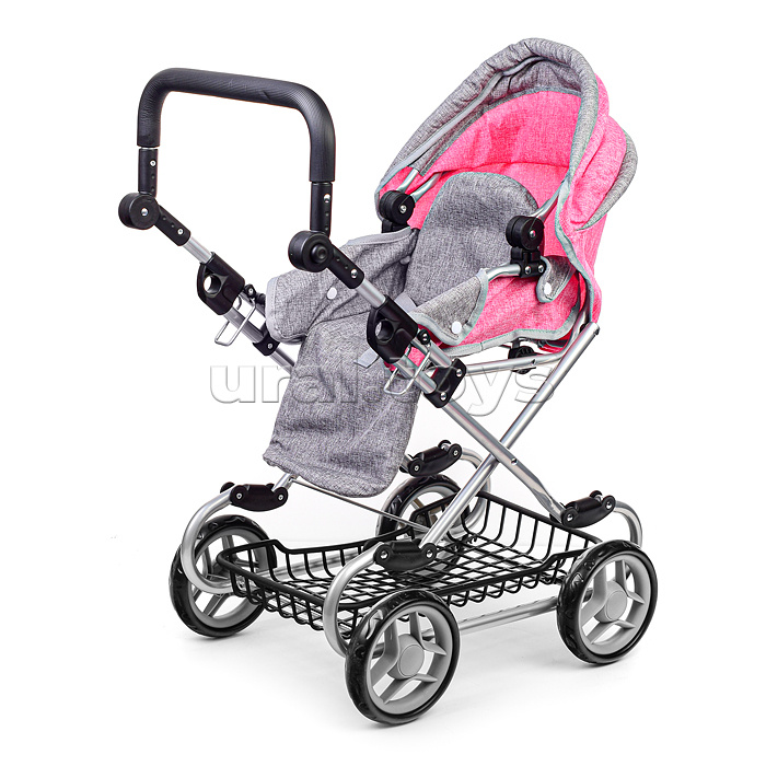 Коляска зима-лето для кукол, металл. с сумкой-переноской, с корзиной, цвет серо-розовый