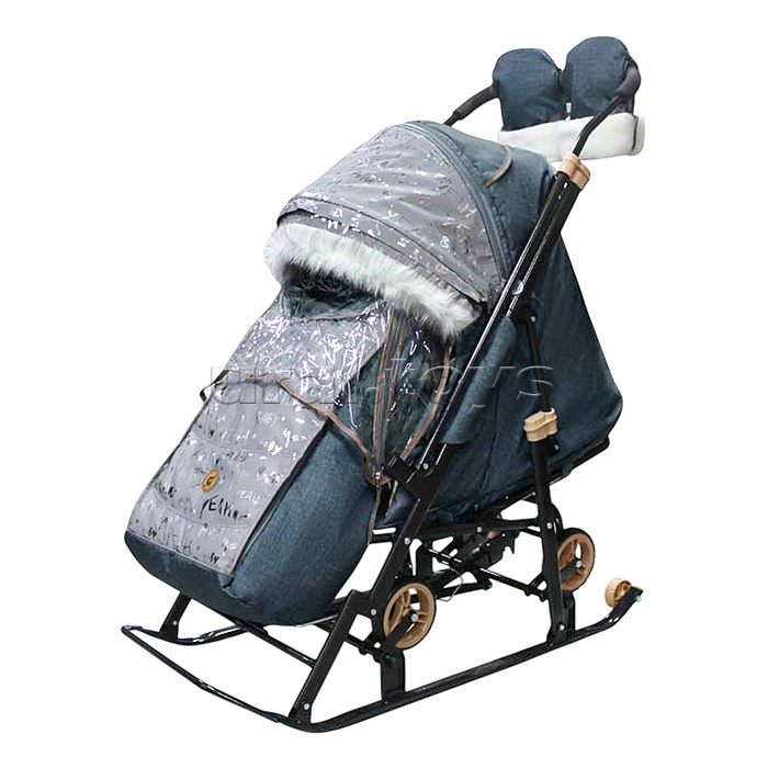 Санки-коляска "Glory gloss" (лён серо-зеленый+светоотражающая ткань)