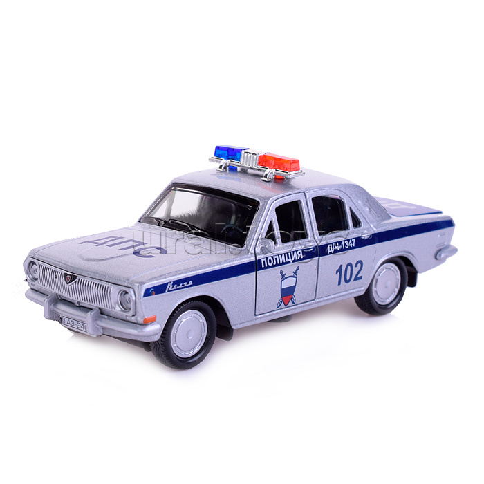 Машина металл ГАЗ-2401 Волга Полиция 12 см, (двери, багаж, серебристый) в коробке