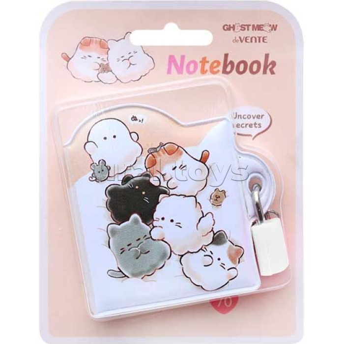Записная книжка "Ghost Meow" A8 (58 ммx72 мм) 140 стр, белая бумага 80 г/м² с цветным дизайном, мягкая съемная обложка из искусственной кожи, цветная печать, металлический замок, в картонном блистере с европодвесом