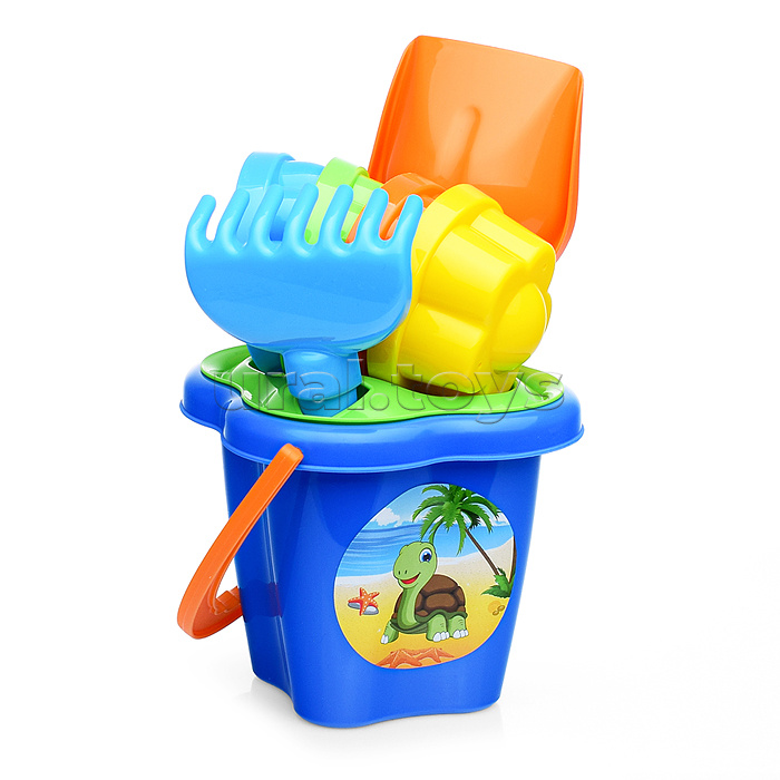 Набор №142: ведро-цветок среднее, ситечко-цветок, лопатка №5, грабельки №5, 4 формочки