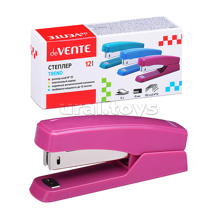 
Степлер "Trend" № 10 (мощность 12 листов, глубина скрепления 45 мм) пластиковый, в картонной коробке, брусничный
