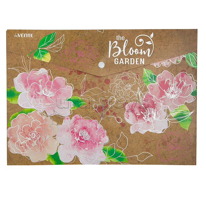 Папка-конверт на кнопке "Bloom Garden" A4 180 мкм, фактура крафт-имитация с рисунком, тиснение фольгой Папка-конверт на кнопке "Bloom Garden" A4 180 мкм, фактура крафт-имитация с рисунком, тиснение фольгой