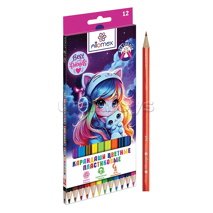 Карандаши цветные пластиковые "Best Friends"  12 цветов, 2М, диаметр грифеля 2,65 мм, шестигранные, в картонной коробке