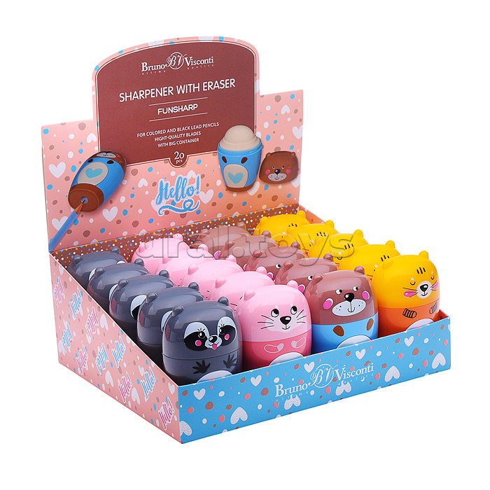 Точилка с контейнером и ластиком, 1 отверстие "Зверушки" (4 вида)