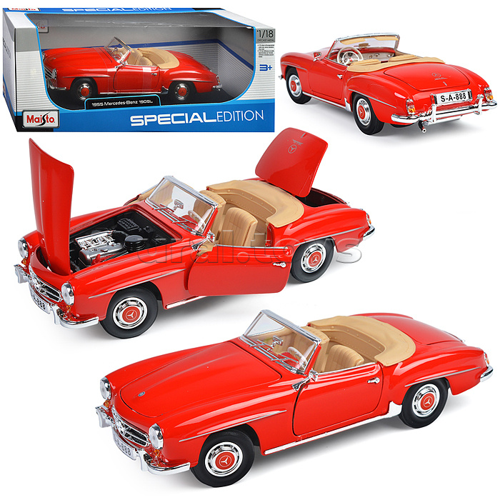 Машинка die-cast 1955 Mercedes-Benz 190SL, 1:18,  красная, открывающиеся двери