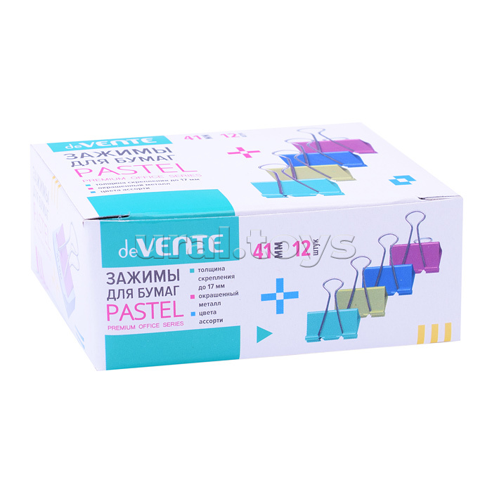 Зажим для бумаг "Pastel" металлический (41 мм) толщина скрепления до 17 мм, цветной ассорти, 12 шт в картонной коробке