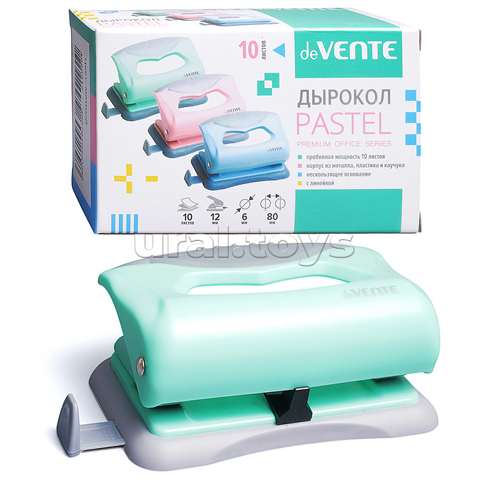 Дырокол "Pastel" (10 листов) пластиковый с каучуковой вставкой, с линейкой, в картонной коробке, мятный