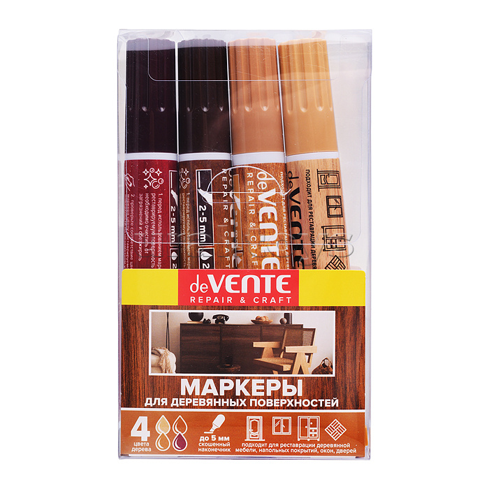 Набор маркеров для деревянных поверхностей "Repair & Craft" 4 цвета (бук, дуб, красное дерево, орех) круглый корпус, скошенный наконечник, ширина линии письма 1-5 мм