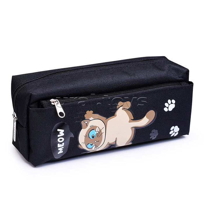 Пенал "Meow Cat" 21x8,5x6 см, плотный износостойкий полиэстер с водоотталкивающей пропиткой, отделение на молнии, прямоугольный для 70 предметов, внешний карман на молнии, черный