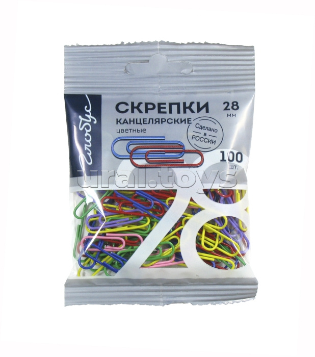 Скрепки L28 мм 100 шт., пакет, европодвес, цветные