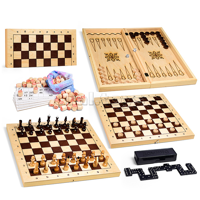 Набор из 5 игр (Русское лото, шахматы, шашки, нарды. домино) доска для шашек/шахмат/нард