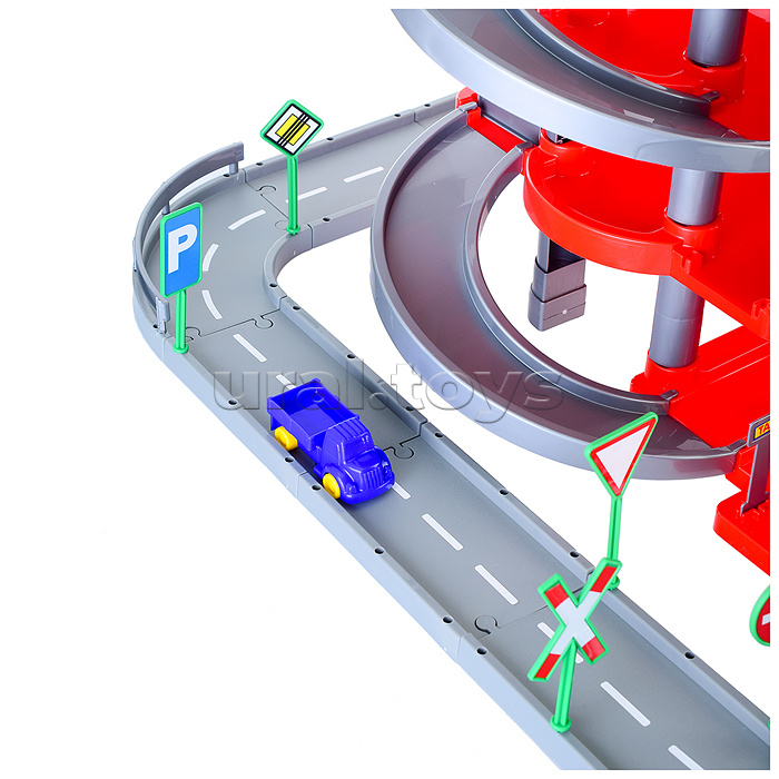 Паркинг 4-уровневый с дорогой и автомобилями, красный (в коробке)