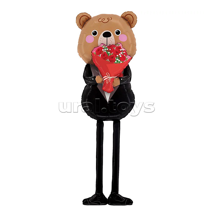 Шар 3D (64''/163 см) Ходячая Фигура, Мишка с букетом роз, 1 шт. в уп.