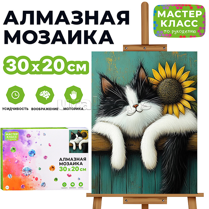 Мозаика алмазная "Кот и подсолнух" 20*30см.
