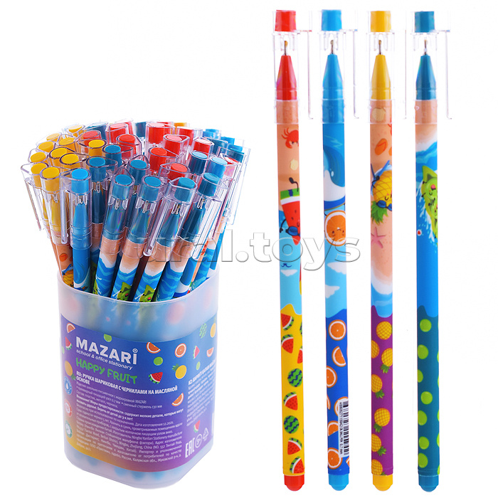 Ручка шариковая HAPPY FRUIT, синяя, чернила на масляной основе, пулевидный пиш. узел 0.7 мм, цветной пластиковый корпус, 4 дизайна, сменный стержень 130 мм, туба