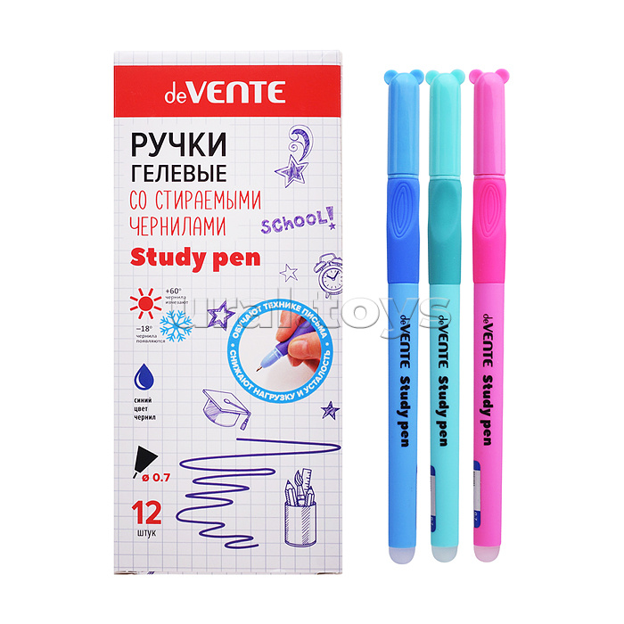 Ручка гелевая стираемая "Study Pen. School" d=0,7 мм, корпус ассорти 3 цвета с покрытием Velvet Touch, с эргономичным каучуковым держателем, с ластиком, колпачок с ушками, сменный стержень, индивидуальная маркировка, синяя
