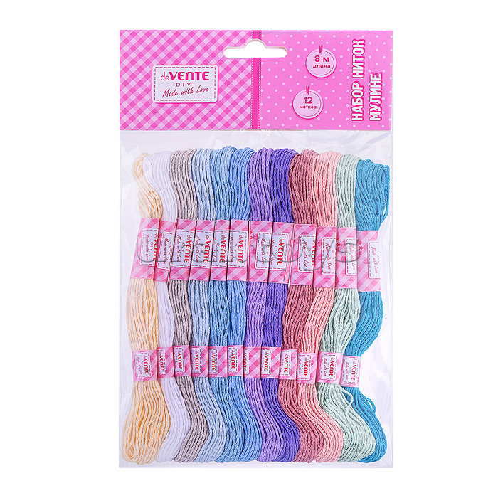 Набор ниток для вышивания (мулине) "DIY Pastel Art" хлопковые нити, длина 8 м, 12 рулонов, 12 пастельных цветов, в пластиковом пакете с блистерным подвесом