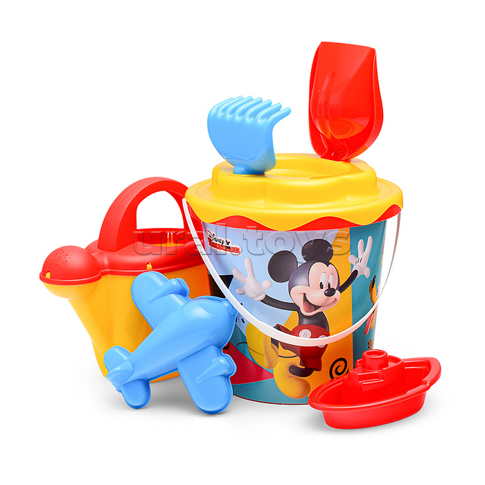 Набор Disney «Микки и Весёлые гонки» №12: ведро с наклейкой, ситечко "Солнышко", лопатка №5, грабельки №5, формочка (самолёт), кораблик "Юнга", лейка №10
