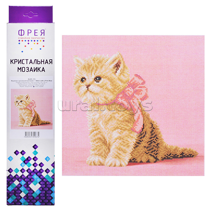 Кристальная (алмазная) мозаика 30х30 "Кошечка с розовым бантиком"