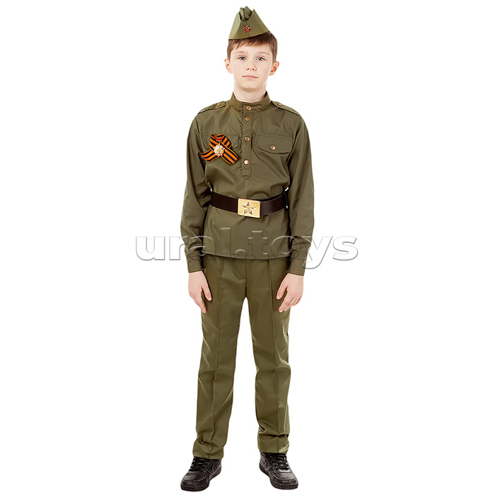 Костюм "Солдат хлопок" (гимнастерка, брюки, пилотка, ремень,георгиевская лента) размер 134