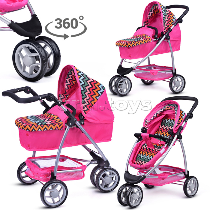Коляска-трансформер для кукол, металлическая, регулируемая ручка, с корзиной, розовый зигзаг