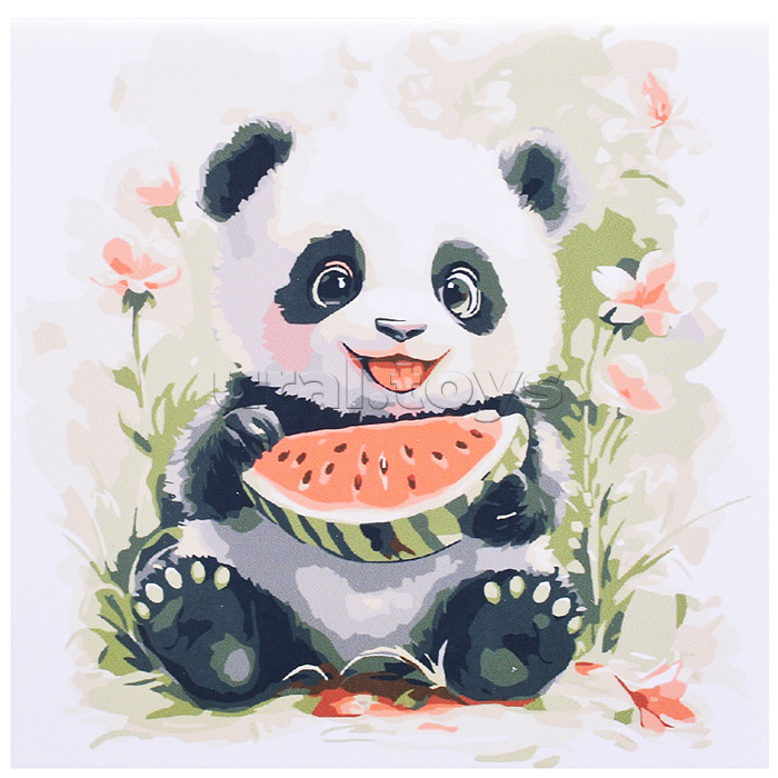 Холст с красками 20х20 по номерам "Пандочка с арбузом" в коробке (16цв.)