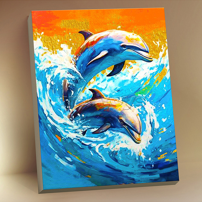 Картина по номерам 40х50 "Игра дельфинов" поталь золото (16 цветов)