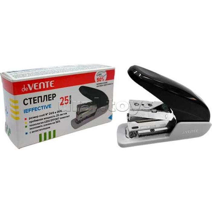Степлер "IEffective" № 24/6&26/6 (мощность 25 листов, глубина скрепления 40 мм) пластиковый, 1 вид скрепления, снижает нагрузку на 50%, в картонной коробке, черный