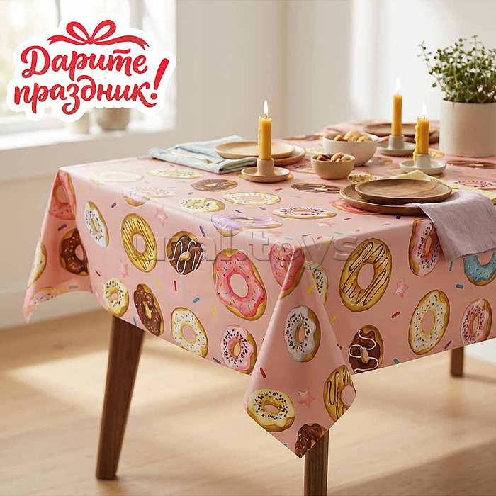 Скатерть "Пончики" цвет розовый, 137*274см