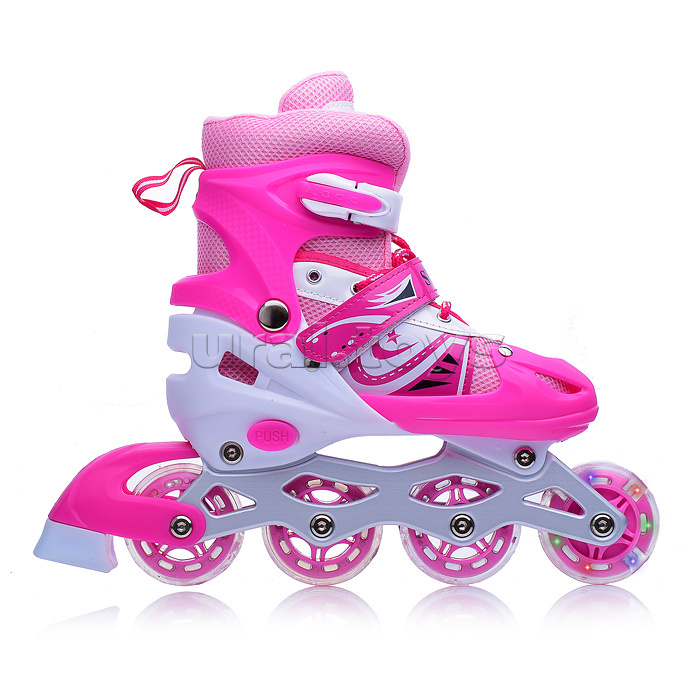 Ролики детские (размер M)  розово-белые, PU колёса со светом, в сумке