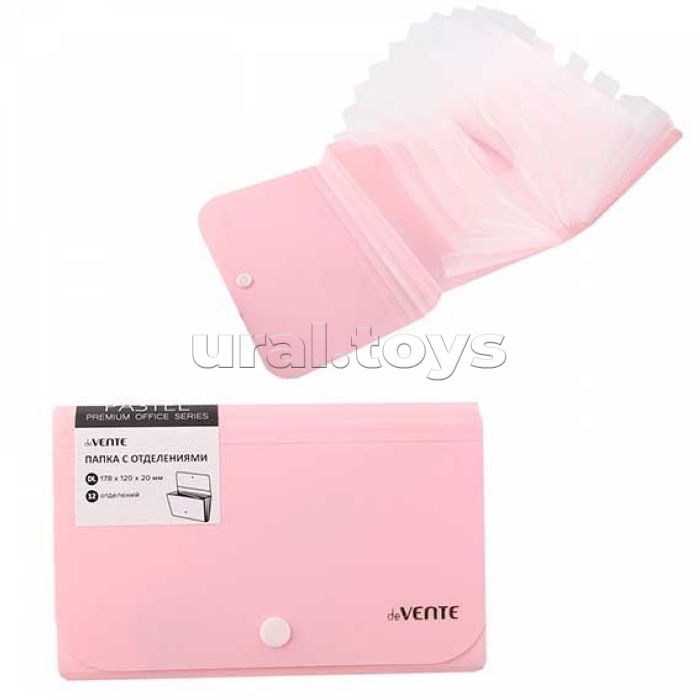 Папка на кнопке с 13-ю отделениями "Pastel" пластиковая 700 мкм, для документов формата C6 (17,8x12x2 см) внутренние отделения толщиной 170 мкм, в комплекте с бумажными цветными индексами, непрозрачная розовая