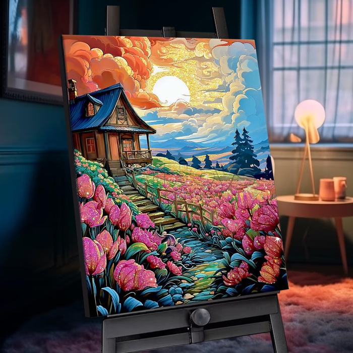 Картина по номерам 40х50 "Цветочный домик" с кристаллами из хрусталя (24 цвета)