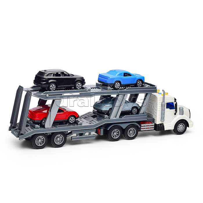 Профи, автомобиль-тягач с полуприцепом-автовозом инерционный (со светом и звуком) + автомобиль "Оптима" (4шт) (в коробке)