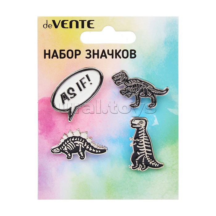 Набор значков "Raptor City" эмалированные, размер изделий: AS IF! 3x2,1 см, динозавр 3x2 см, динозавр 3x2,7 см, динозавр 2x2,9 см на карточке 7,0x9,5 см с пластиковым пакетом