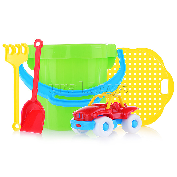 Песочный набор №106 (ведро 0,3 л, сито, совок, грабли, машинка "Бублик")
