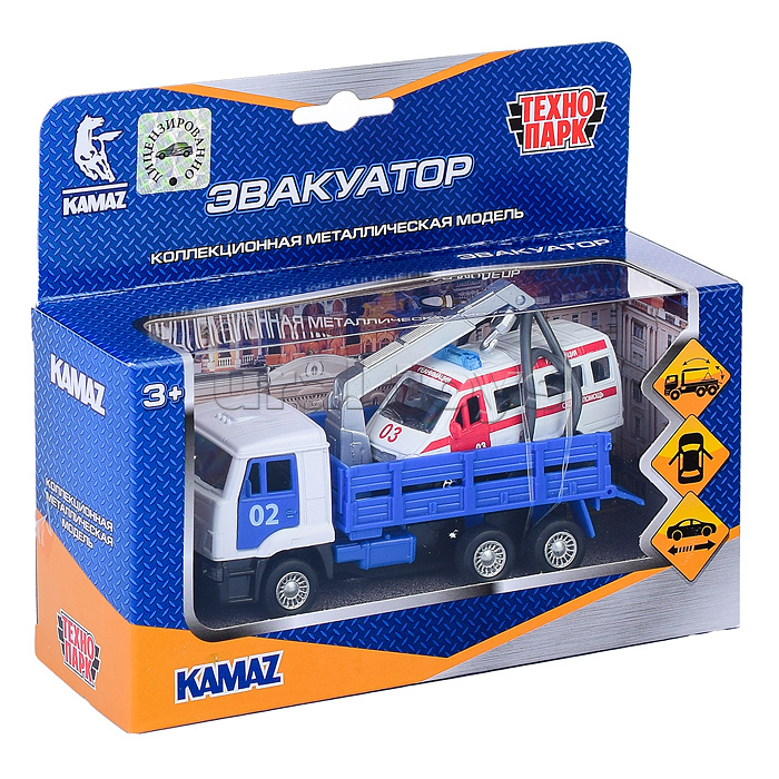Машина металл KAMAZ Эвакуатор, 12 см, дв., подв.дет., инерц.+скорая 7,5 см.
