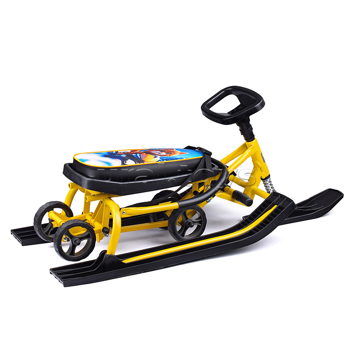 Игрушка Снегокат детский 111 "Mobile" с Т-образным толкателем и колесной базой (Котик на желтом снегоходе)